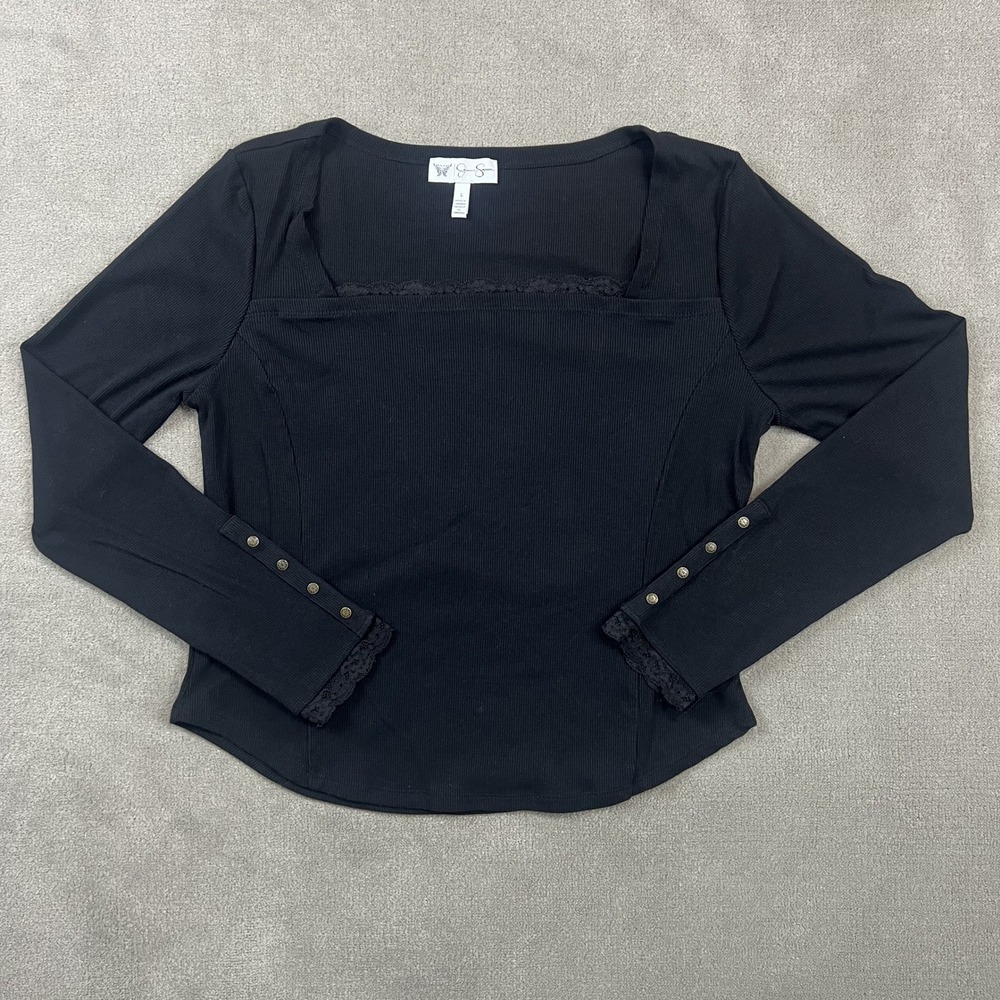 Jessica Simpson Size L Women Black Ribbed Lace Trim Square Neck Long Sleeve Top